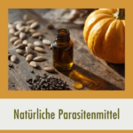 Kürbiskerne, Schwarzkümmelöl und Propolis auf einem Holztisch als natürliche Parasitenmittel