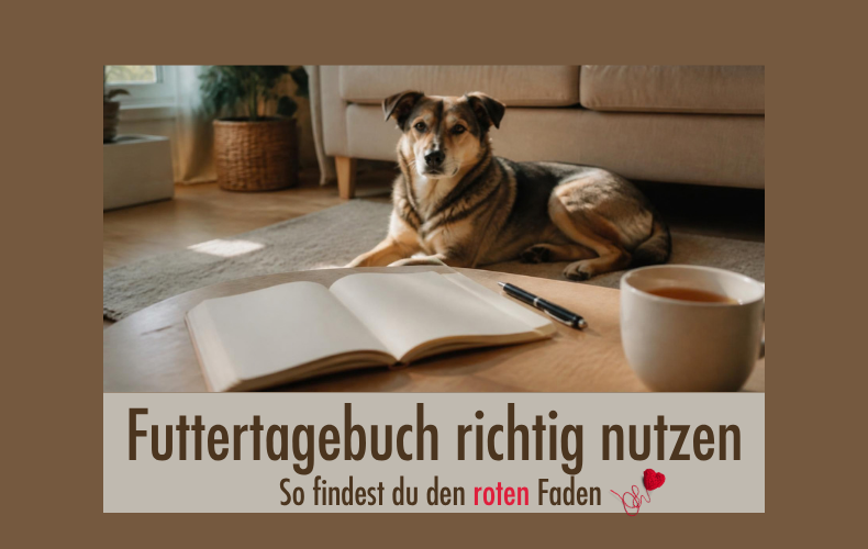 Aufgeschlagenes Notizheft mit Stift, dahinter liegt ein Hund entspannt auf dem Boden