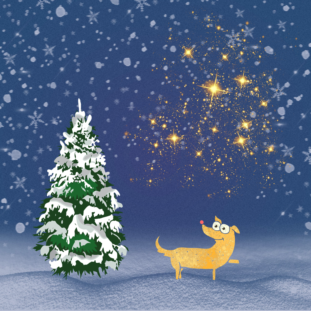 Gelber Hund vor einem Tannenbaum im Schnee